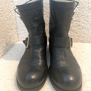 Jimmy Choo black leather mid calf moto boots.